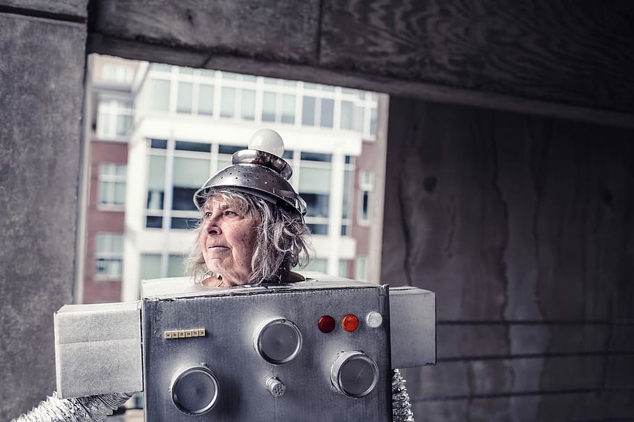 woman in gray robot costume during daytime in the room, people HD wallpaper