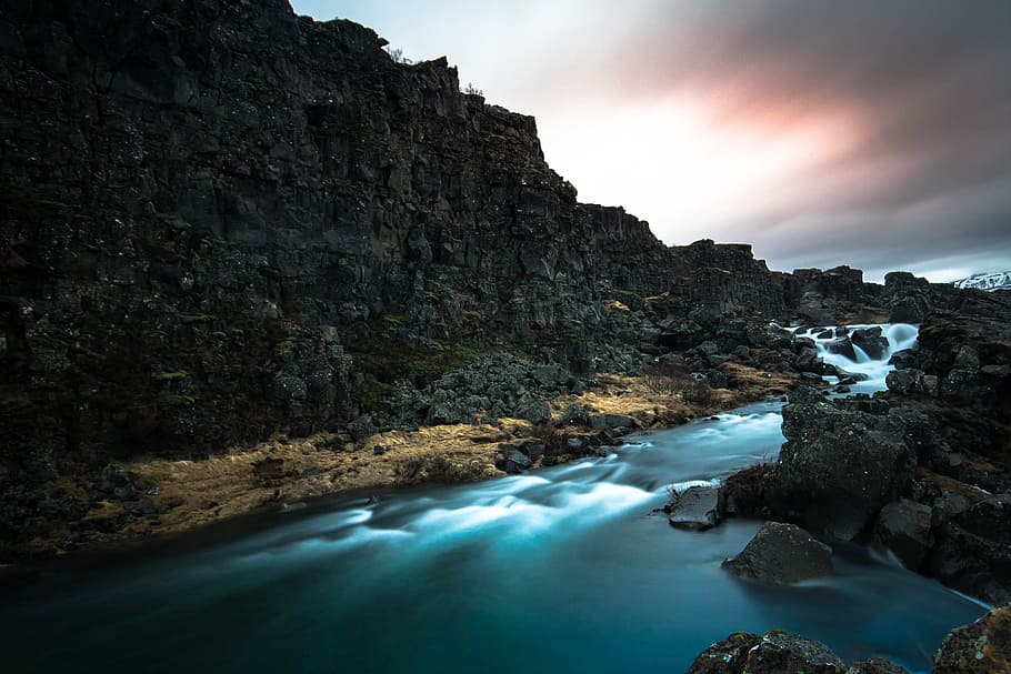 rocks, cliff, hill, highland, mountain, valley, landscape, river HD wallpaper
