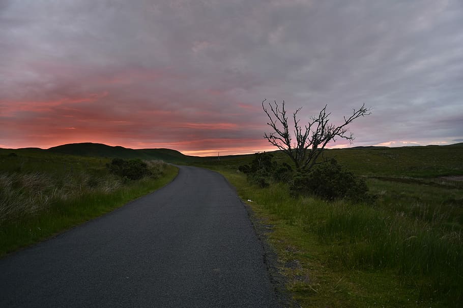 Evening, Red Sky, Sunset, Dusk, countryside, road, landscape HD wallpaper