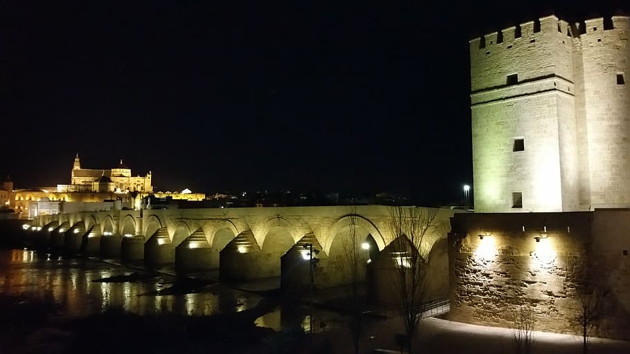 roman bridge of córdoba, cordoba, architecture, night, built structure, HD wallpaper