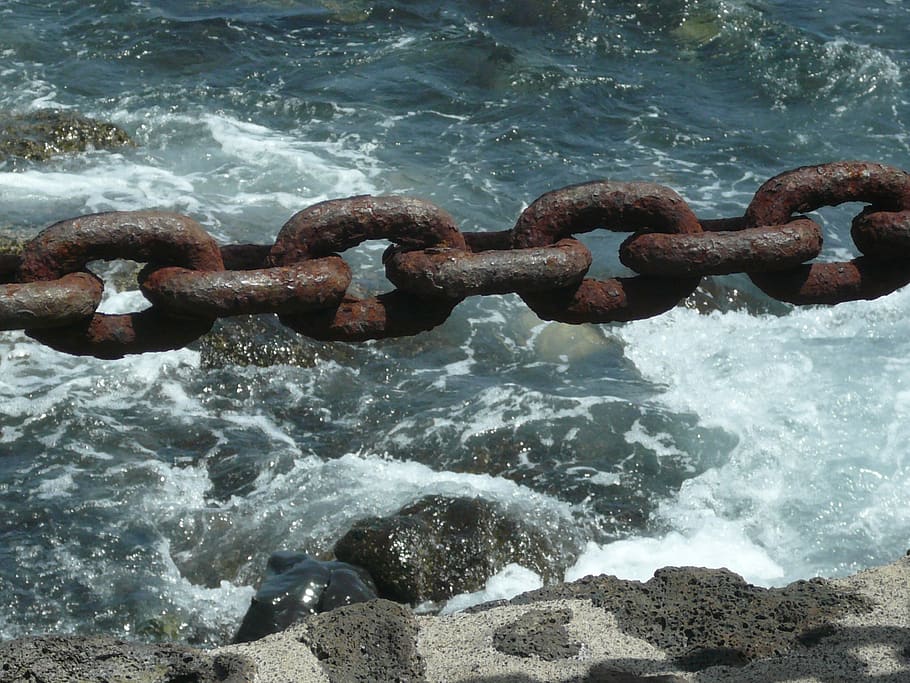 sea, chains, oxide, waves, tide, link, shore, water, motion HD wallpaper