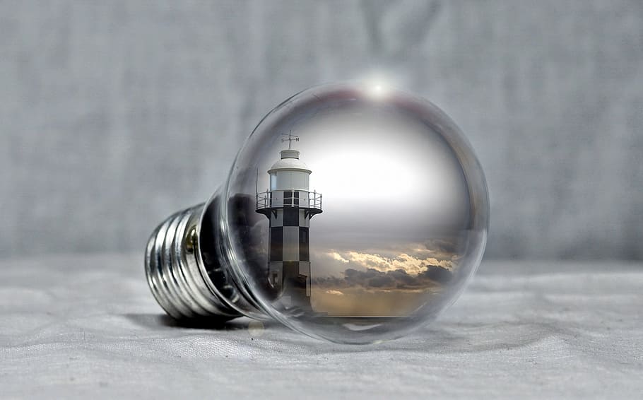 incandescent light bulb, lighthouse, pear, sea, clouds, coast HD wallpaper