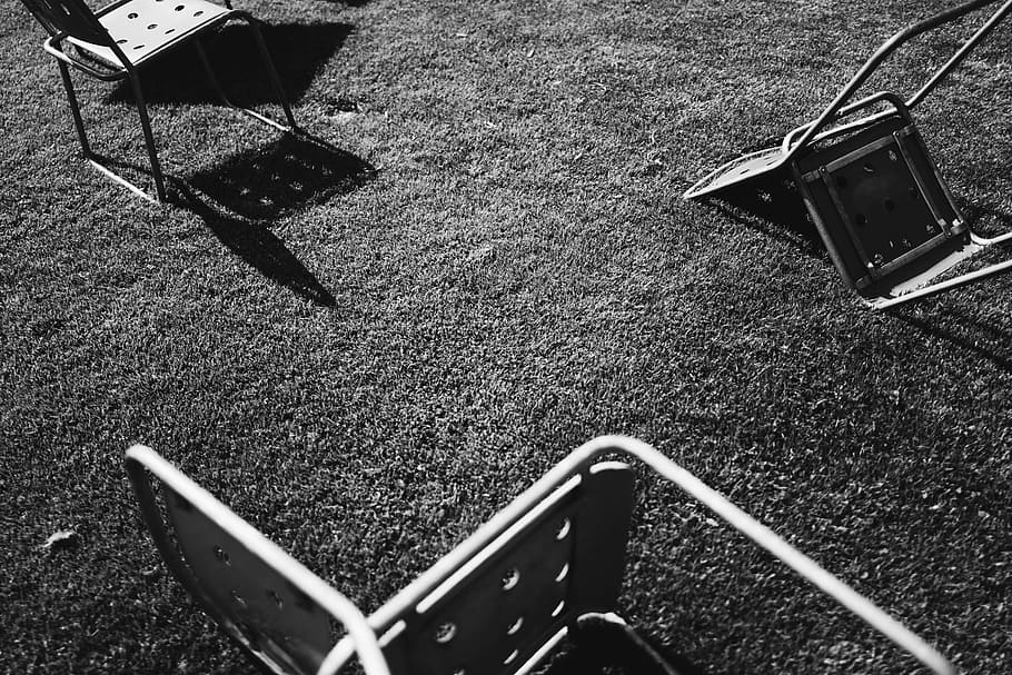 grayscale photo of gray chairs on grass field, gray scale of three steel chair on ground HD wallpaper