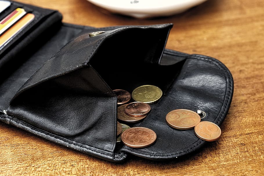 black leather wallet with coins and cards, money, currency, euro, HD wallpaper