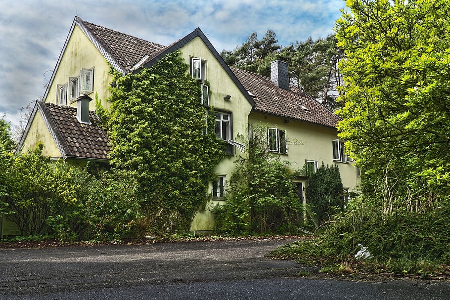 yellow and brown house beside green trees, home, architecture
