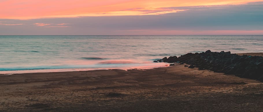 sunset, waters, panorama, nature, sand, sky, beach, sea, travel HD wallpaper