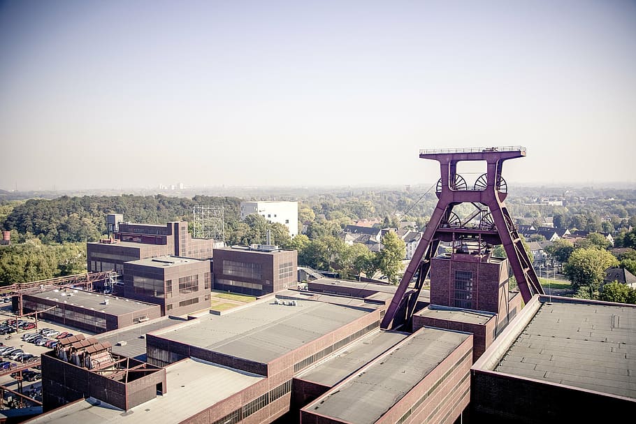 gray metal stand on rooftop, bill, zollverein, eat, coal mine, HD wallpaper