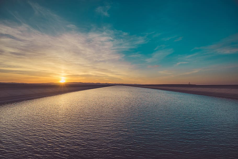 water, river, channel, reservoir, ripple, reflection, sunset, HD wallpaper