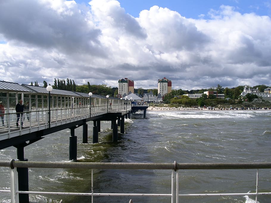 beach, bridge, wave, built structure, architecture, cloud - sky HD wallpaper