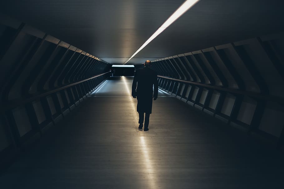 people, man, dark, pathway, steel, reflection, light, architecture HD wallpaper