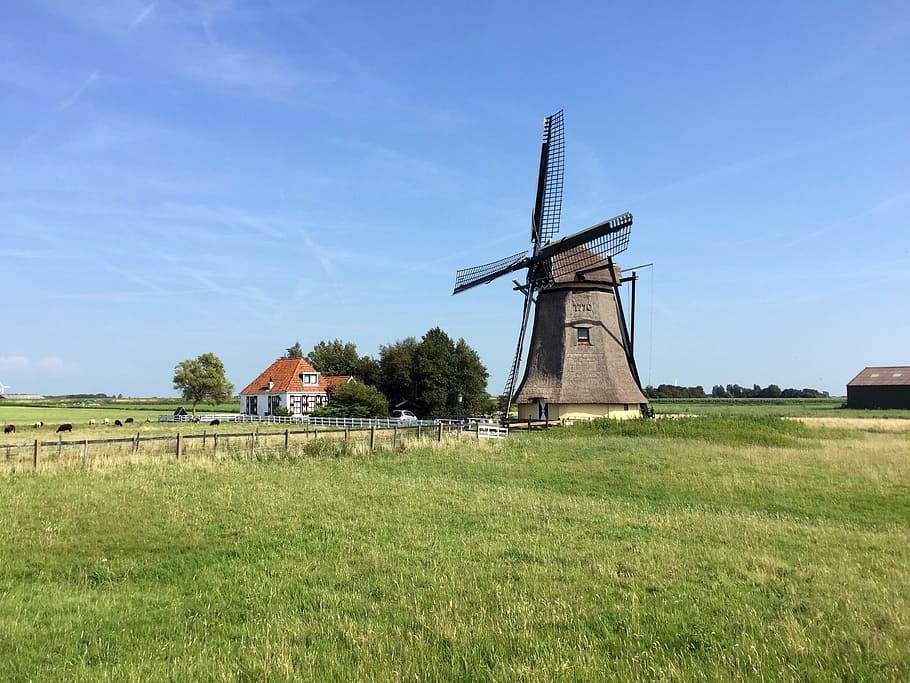 Mill, Netherlands, Green, Wind, sky, nature, landscape, blue HD wallpaper
