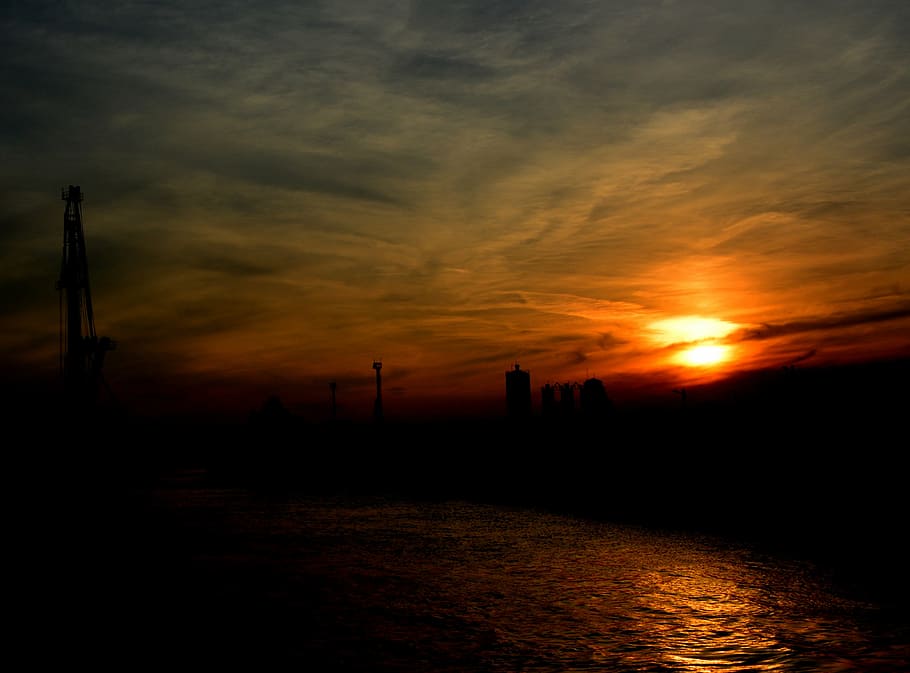 sunset, sky, cloud, water, red, lake, port, in the evening HD wallpaper