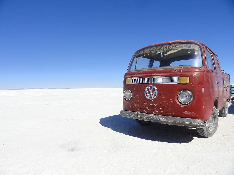 Travel, Salt Flats, Vintage, Vw Van, bolivia, transportation, HD wallpaper