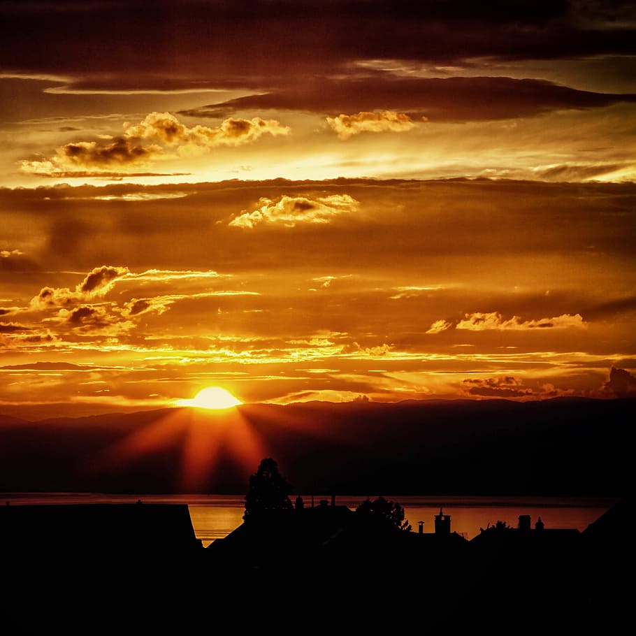 sunset, landscape, silhouettes, clouds, evening, dusk, sky HD wallpaper