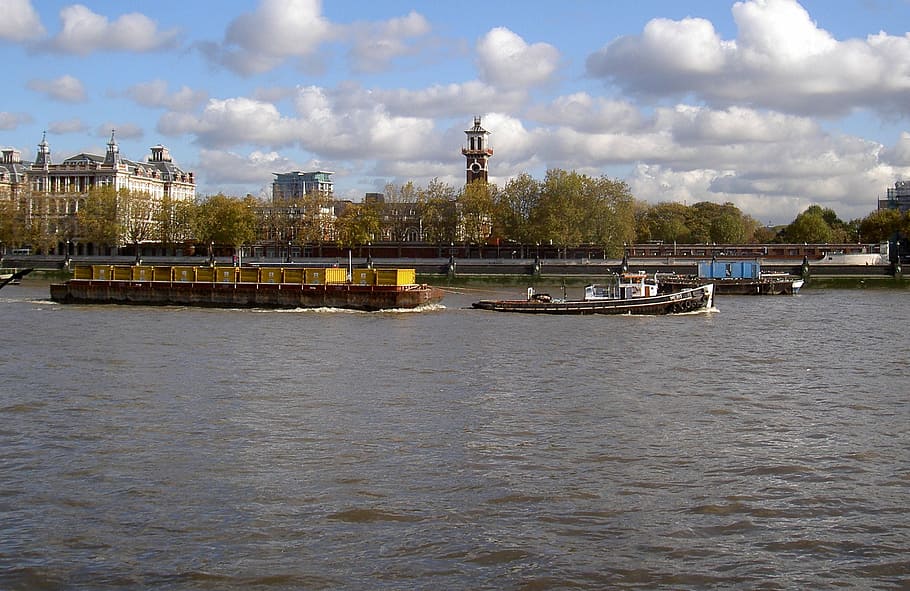 river thames, tug, barge, sky, clouds, london, water, europe HD wallpaper