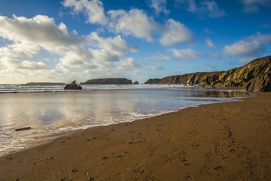 ocean, beach, sand, wales, gatelholm island, low tide, sky HD wallpaper