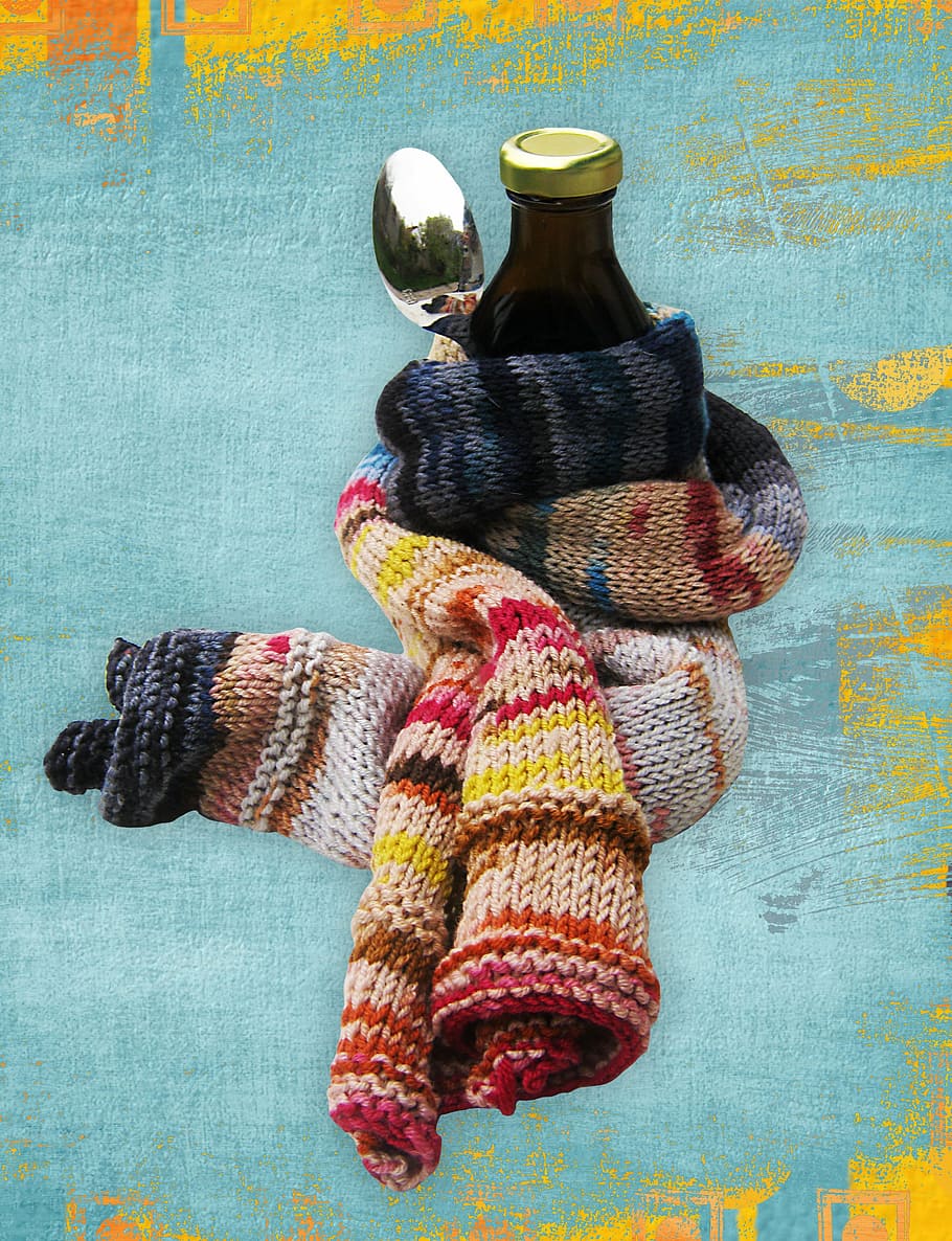 amber bottle covered by crochet scarf, flu, medicine, spoon HD wallpaper