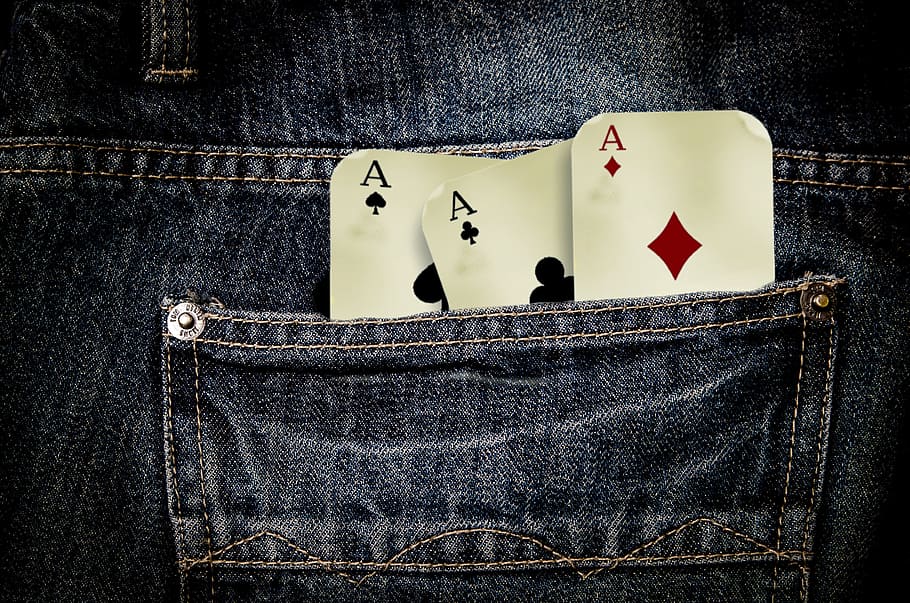 closeup photo of three gaming card on pocket, jeans, playing cards, HD wallpaper