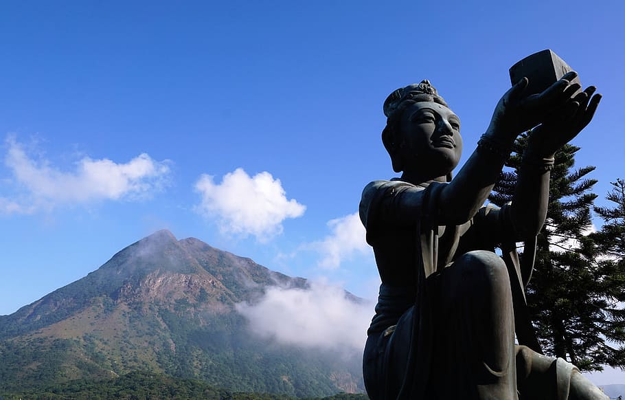 low-angle photography of Hindu deity statue with mountain background, HD wallpaper