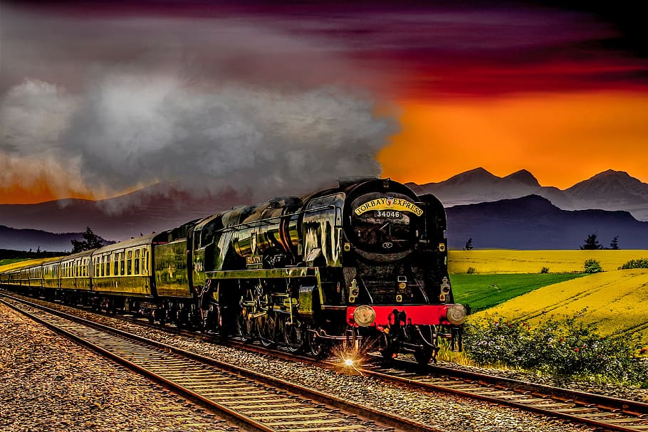 black and yellow train during sunset illustration, motor, railway HD wallpaper