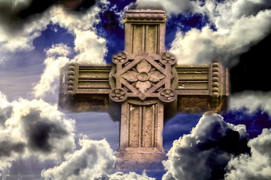 brown concrete cross between clouds wallpaper, christianity, sign of the cross, HD wallpaper