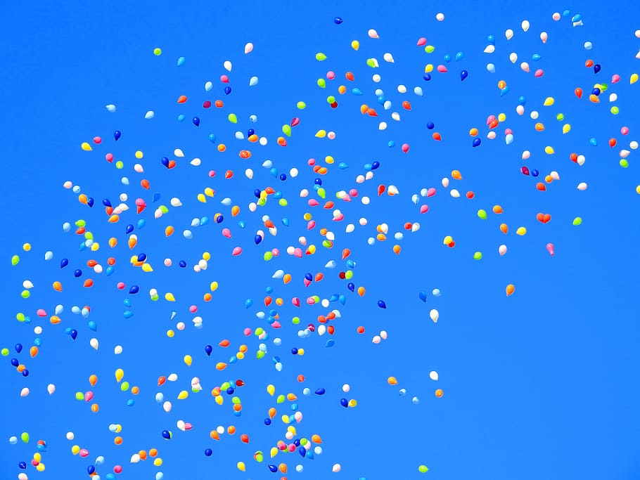 assorted balloons under blue sky, party, carnival, move, birthday, HD wallpaper