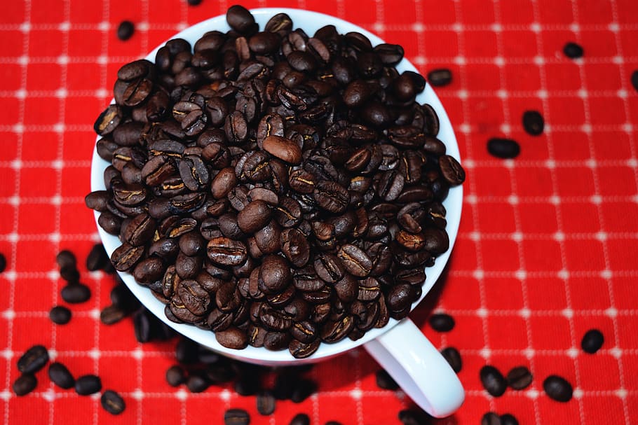 coffee, beans, cup, red, energy, food and drink, freshness HD wallpaper