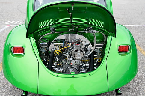 close up photo of green car engine bay, restored, air cool HD wallpaper