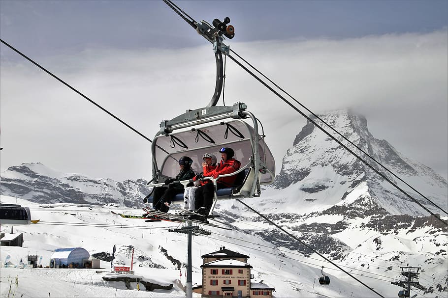 three person riding cable car during daytime, ski, matterhorn, HD wallpaper