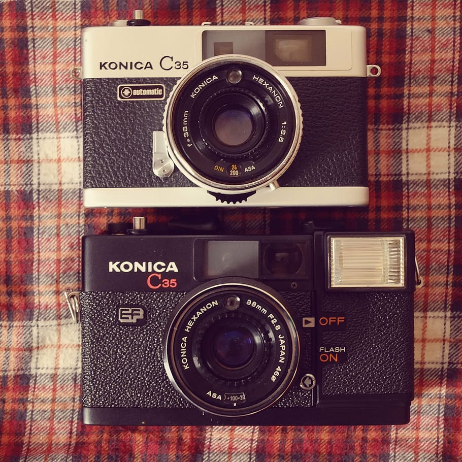camera, analog, hipster, flannel, vintage, retro, konica, old camera, HD wallpaper