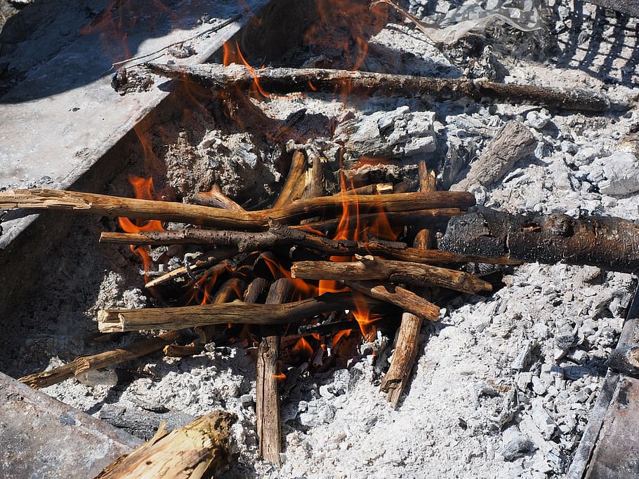 barbecue area, fire, campfire, burn, flame, wood, ash, heat HD wallpaper