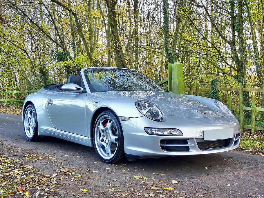 Silver Porsche 911 Convertible, asphalt, auto, automobile, automotive, HD wallpaper