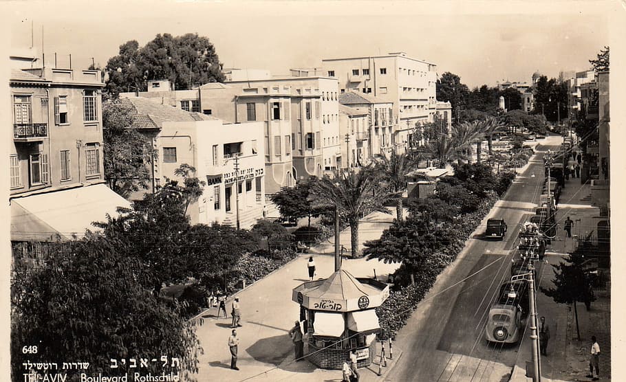 Rothschild Boulevard, circa 1930 in Tel-aviv, Israel, black and white