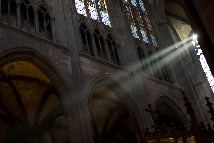 cathedral, clermont-ferrand, light, catholic, religious, stained glass windows HD wallpaper