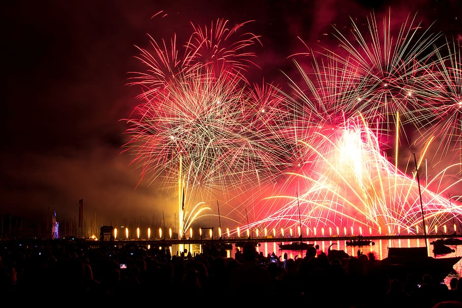 salute, holiday, sky, night, smoke, fireworks, quay, beautiful HD wallpaper