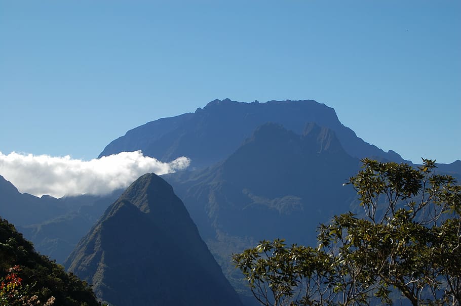 sky, top, view, dom, blue, clouds, overview, réunion, mountain HD wallpaper