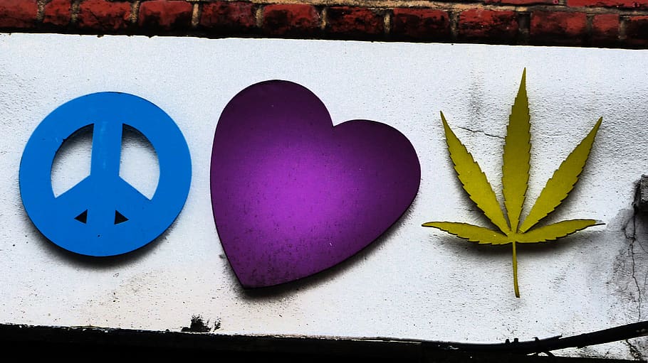 peace, heart, cannabis, shop sign, camden, london, blue, no people, HD wallpaper