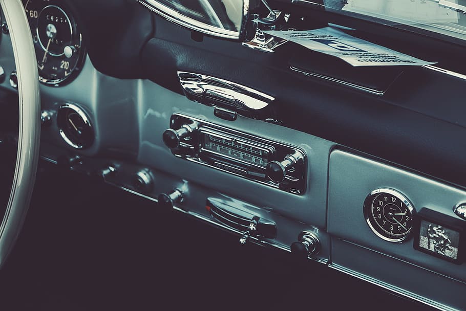 vehicle 1-DIN head unit, vintage car interior, gray, single, car stereo