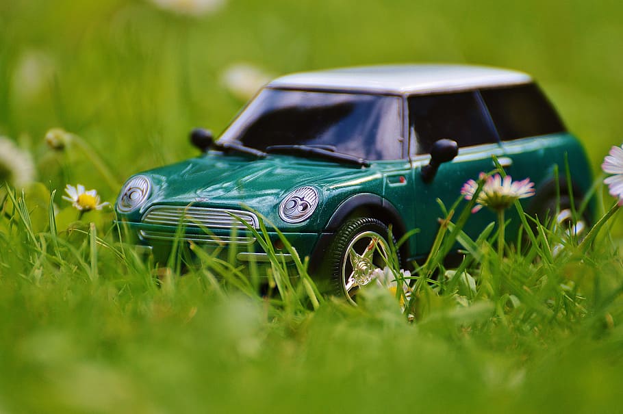 closeup photo of green Mini Cooper scale model on green grass HD wallpaper