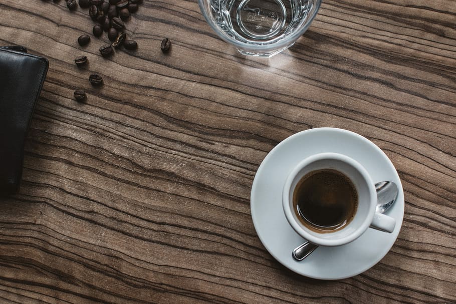 Espresso in a white cup, café, coffee, drink, top view, wood, HD wallpaper