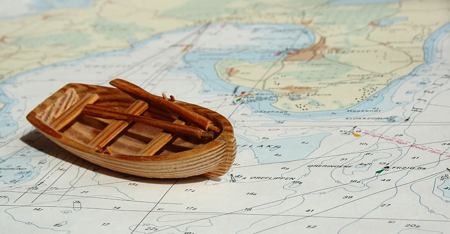 brown wooden miniature boat on top of map, maritim, chart, ship HD wallpaper