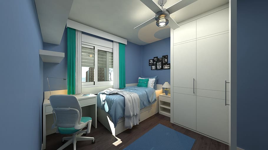 white wardrobe beside bed and window, bedroom, youth, design