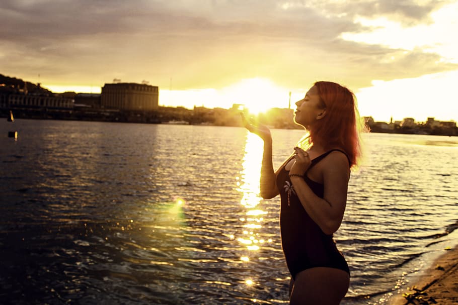 sunset, girl, beach, river, sand, silhouette, evening, summer HD wallpaper