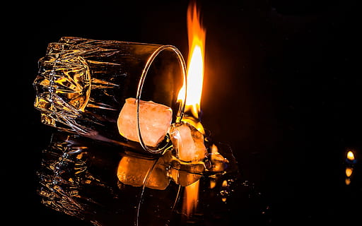 two clear shot glasses with fire, overturned, ice cubes, flame HD wallpaper