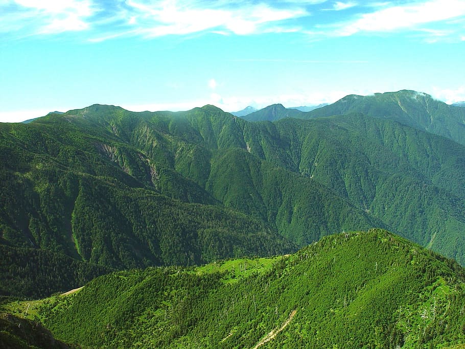areal photo of green mountain, japan, sky, clouds, mountains HD wallpaper