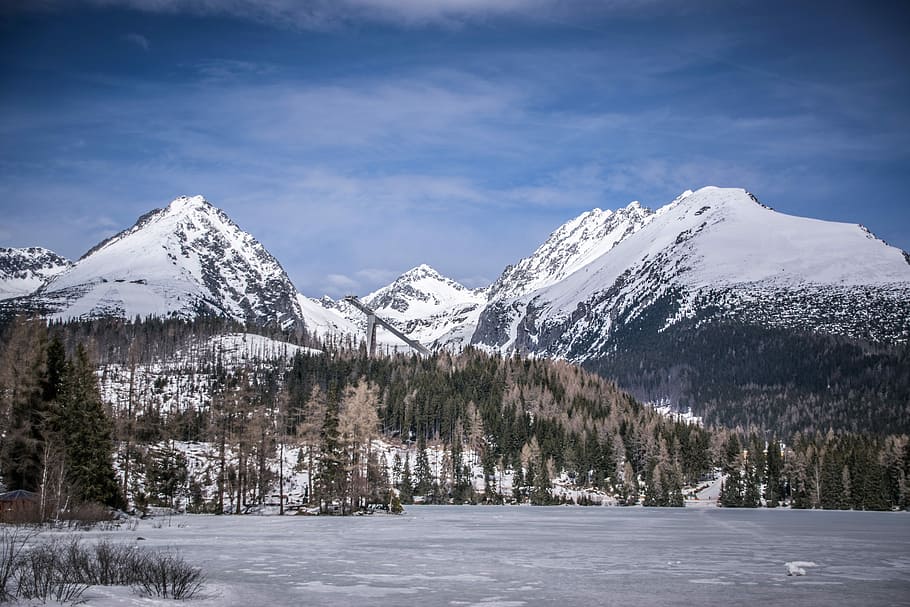 mountains, panorama, landscape, snow, blue sky, lake, pleso HD wallpaper