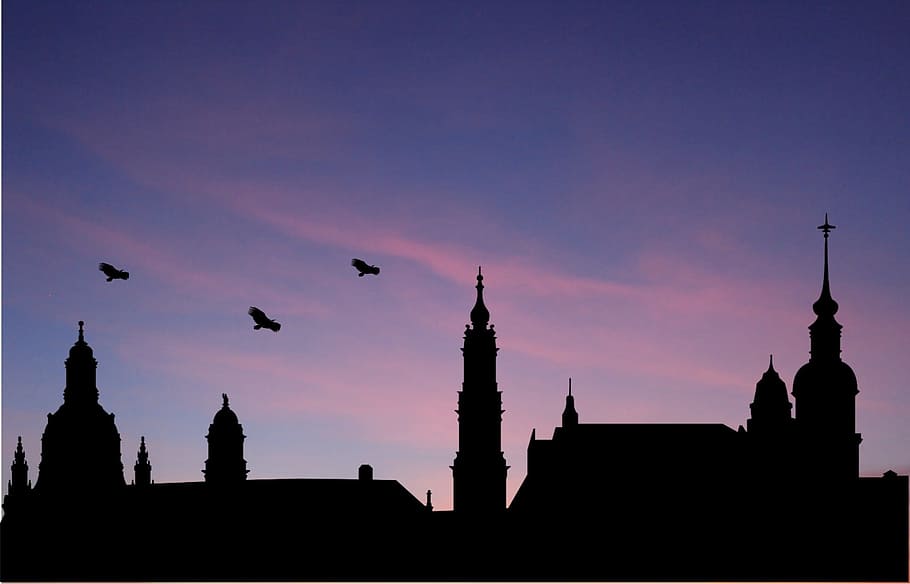 West, Birds, Nature, Paige, sky, silhouettes, city, church HD wallpaper