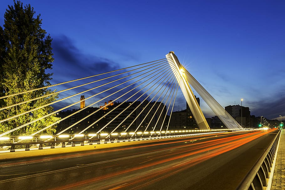 time lapse photography of lighted light on bridge, lleida, city HD wallpaper