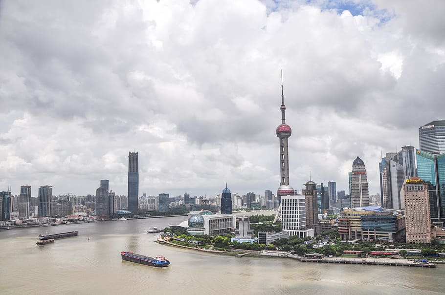 Oriental Pearl Tower beside river, shanghai, sky, building, street