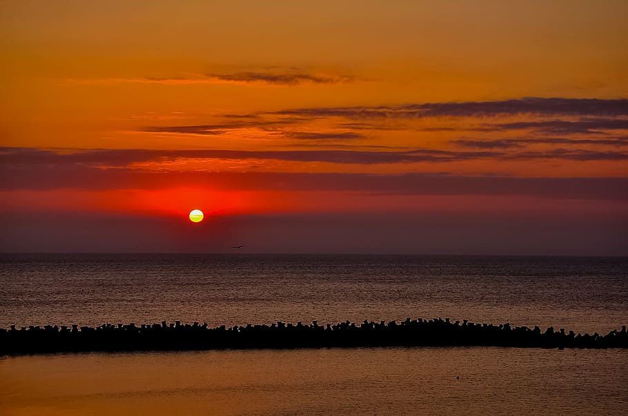 sea, ocean, sun, cloudscape, sunset, sky, nature, summer, natural HD wallpaper